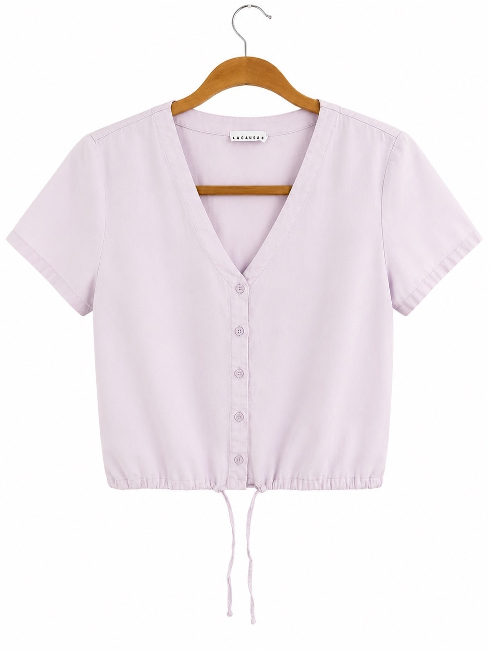 LACAUSA Light Pink Button-Front V-Neck Crop drawstring Shirt Blouse S flaw